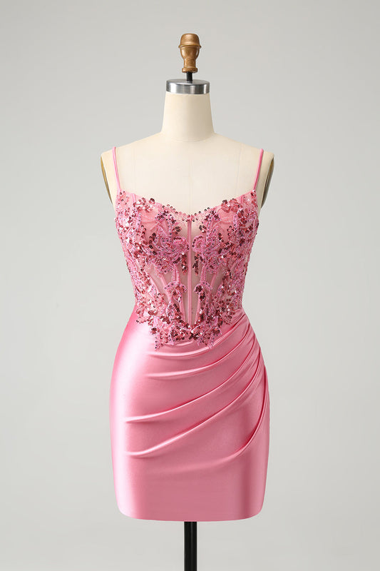 Robe de bal rose vif moulante à corset, bretelles spaghetti et appliques