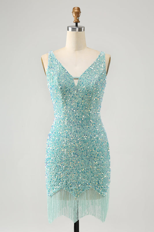 Robe de soirée courte à col en V à paillettes Sparkly Sage avec glands