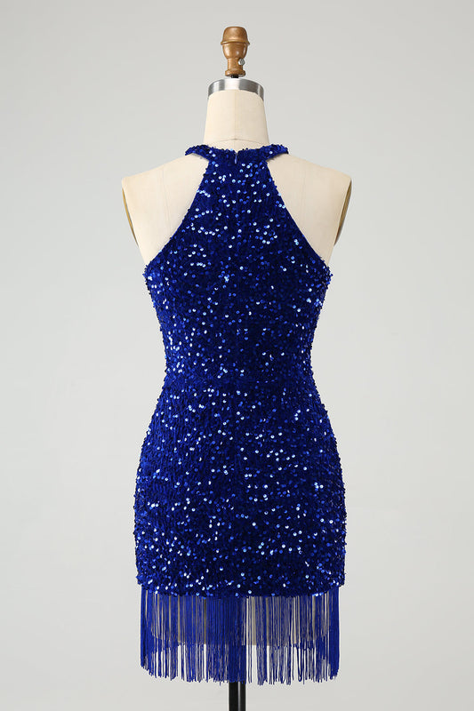 Robe courte de soirée bleue royale brillante à paillettes avec dos nu et pompons