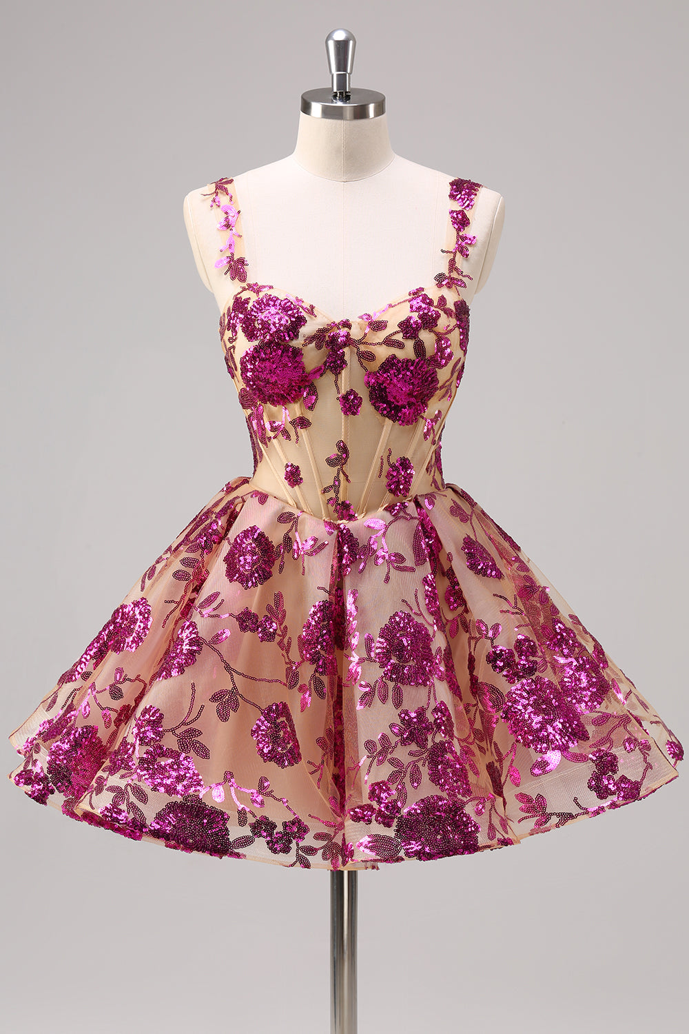 Robe longue de bal de fin d'année scintillante fuchsia coupe trapèze avec corset et sequins
