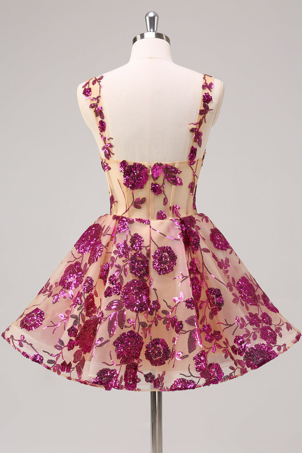 Robe longue de bal de fin d'année scintillante fuchsia coupe trapèze avec corset et sequins