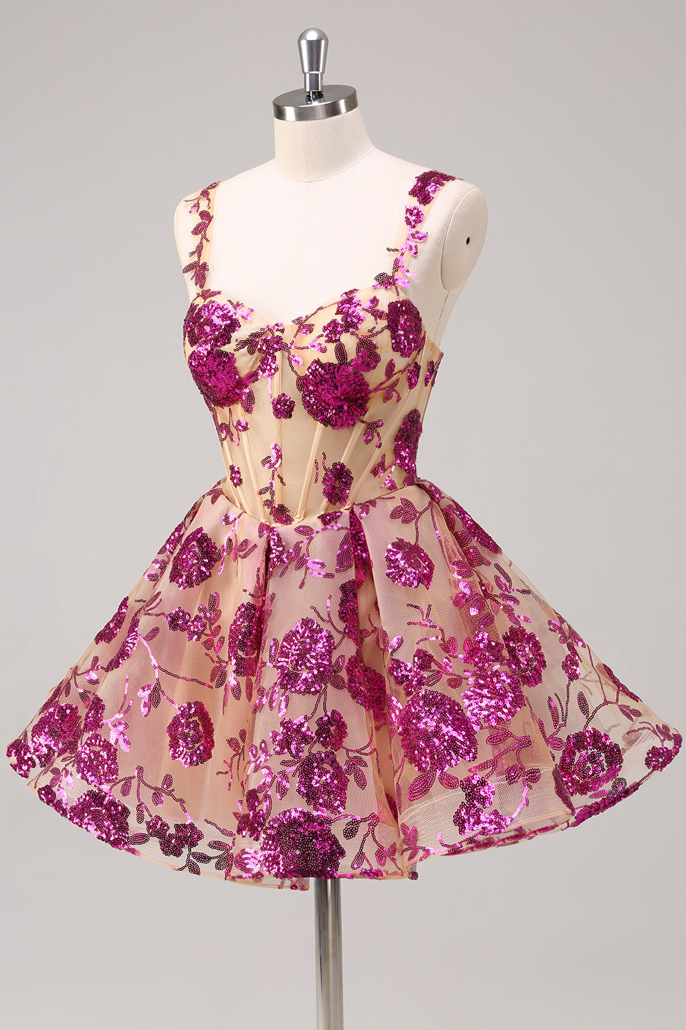 Robe longue de bal de fin d'année scintillante fuchsia coupe trapèze avec corset et sequins