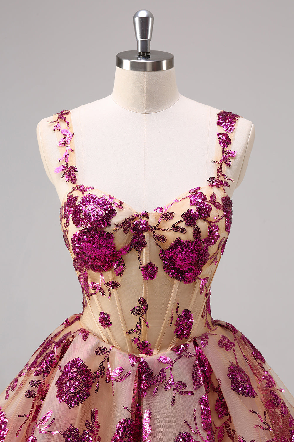 Robe longue de bal de fin d'année scintillante fuchsia coupe trapèze avec corset et sequins