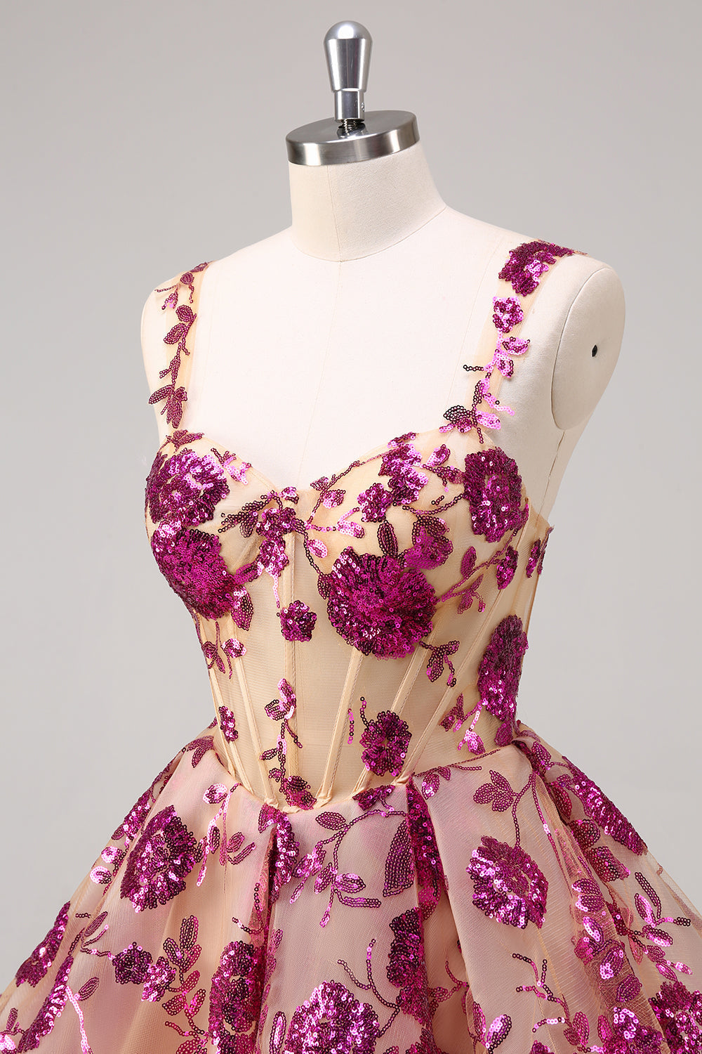 Robe longue de bal de fin d'année scintillante fuchsia coupe trapèze avec corset et sequins
