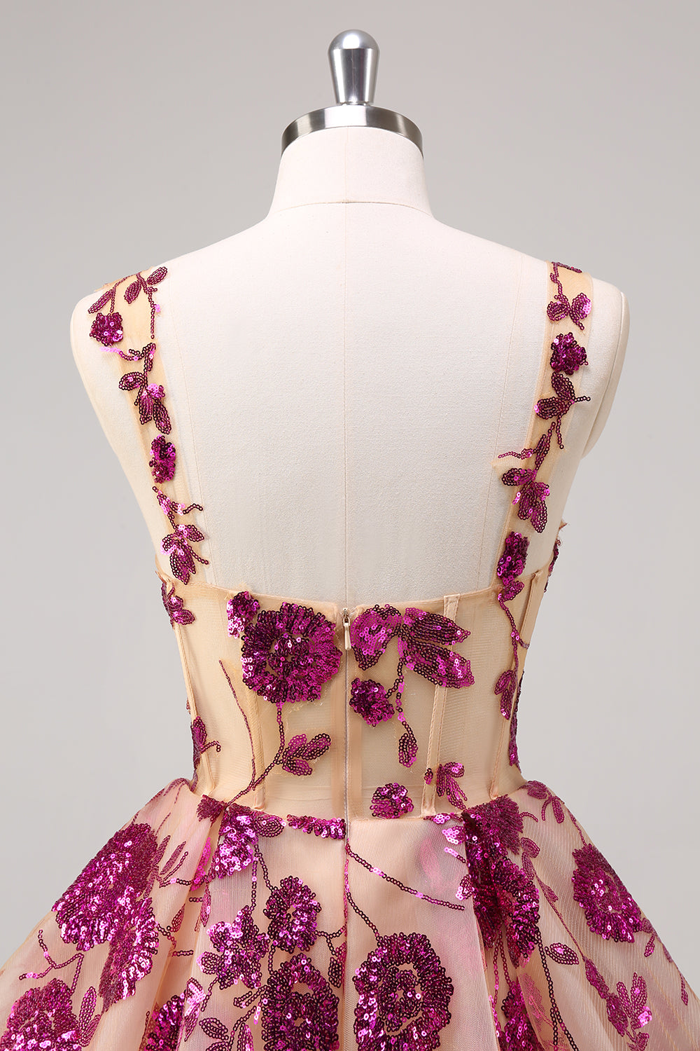 Robe longue de bal de fin d'année scintillante fuchsia coupe trapèze avec corset et sequins