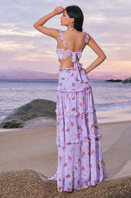 Robe de Demoiselle d'Honneur Évasée en Mousseline Violette à Fleurs avec Épaules Dénudées