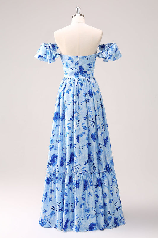 Robe de demoiselle d'honneur à fleurs, ligne A, épaules dénudées, bleue