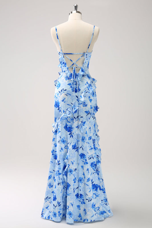 Robe de demoiselle d'honneur fendue bleu à volants et motifs floraux