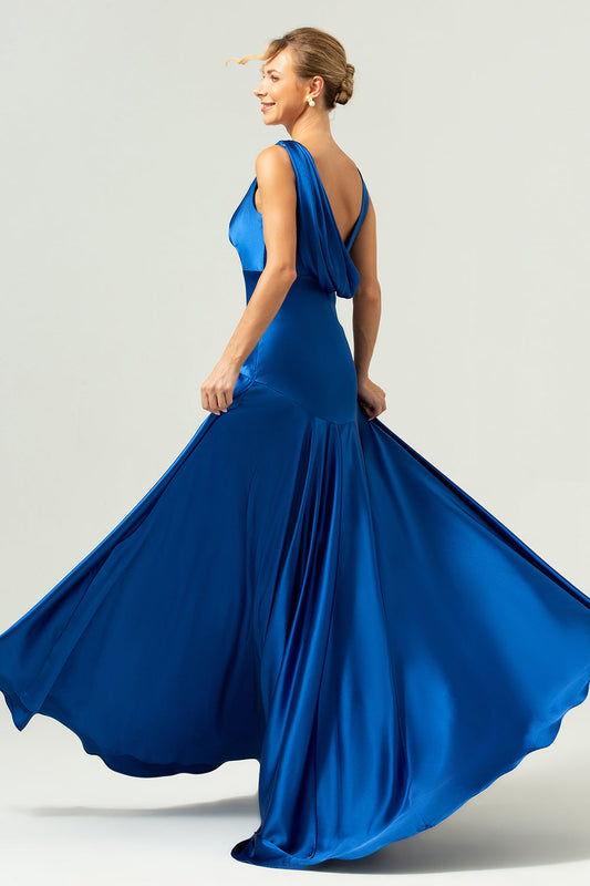 Ink Blue A-Line V-Neck Satin Long Bridesmaid Dress with Slit