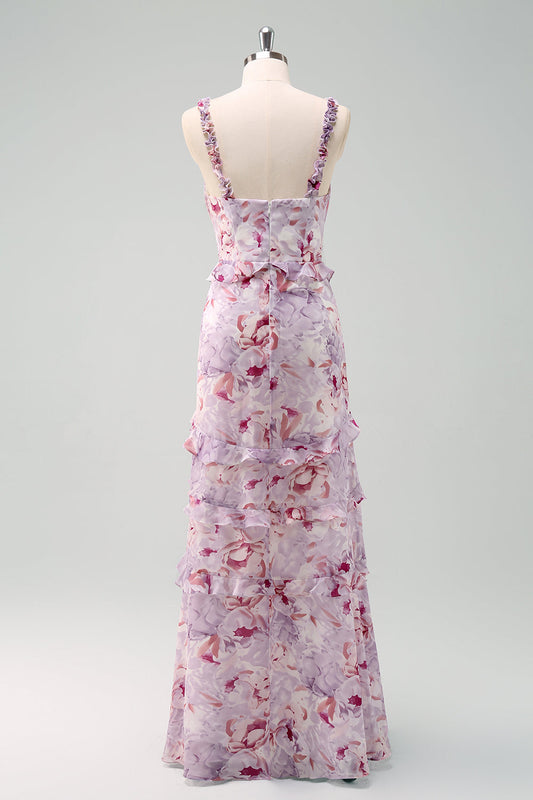 Robe de demoiselle d'honneur longue gris violet sirène bretelles fines à fleurs