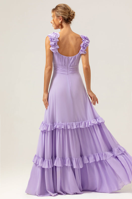 Robe longue de demoiselle d'honneur trapèze en mousseline lilas avec fronces et volants