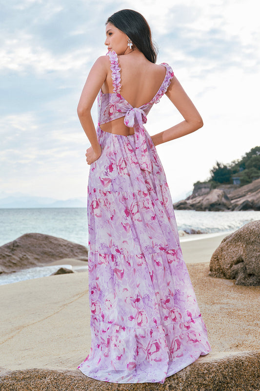 Robe de demoiselle d'honneur trapèze fleurie gris violet à fines bretelles