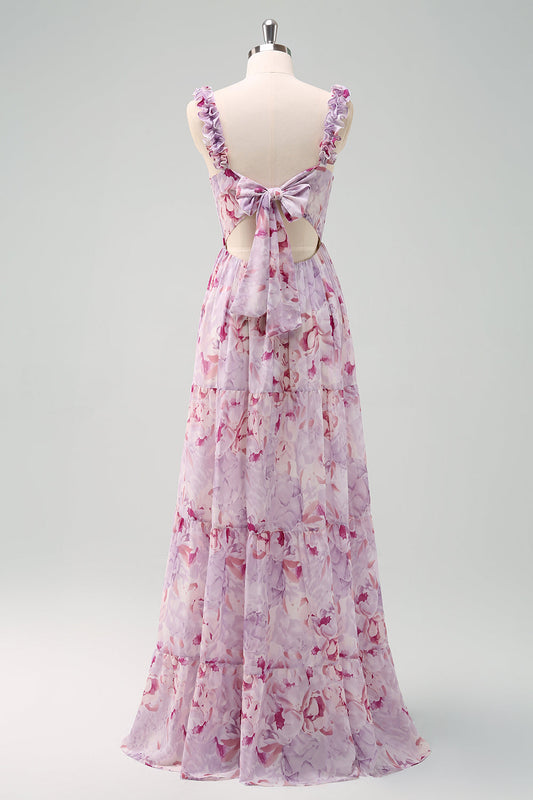 Robe de demoiselle d'honneur longue trapèze gris-violet à bretelles spaghetti et imprimé floral