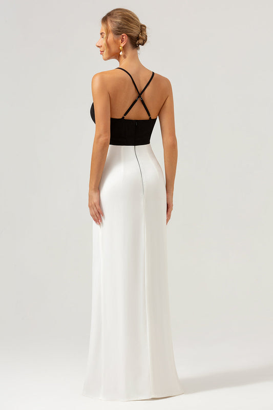 Robe de bal longue noire et blanche fourreau à fines bretelles et col en V avec fente avant