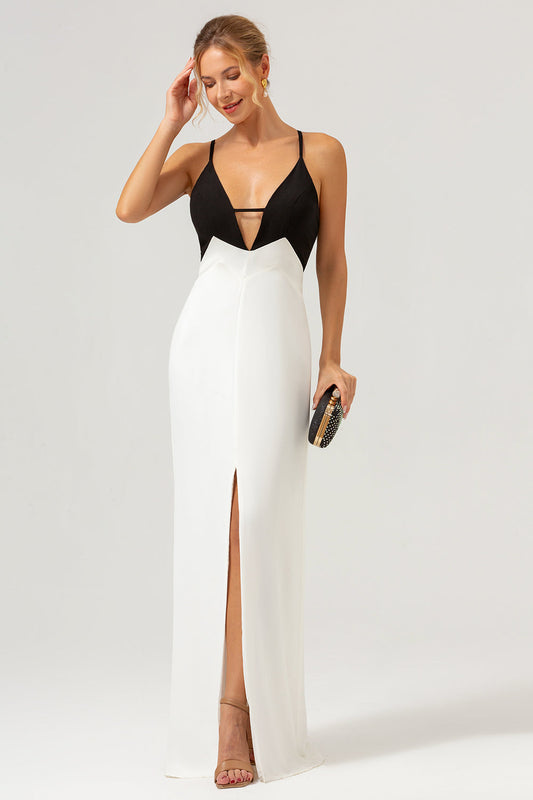 Robe de bal longue noire et blanche fourreau à fines bretelles et col en V avec fente avant