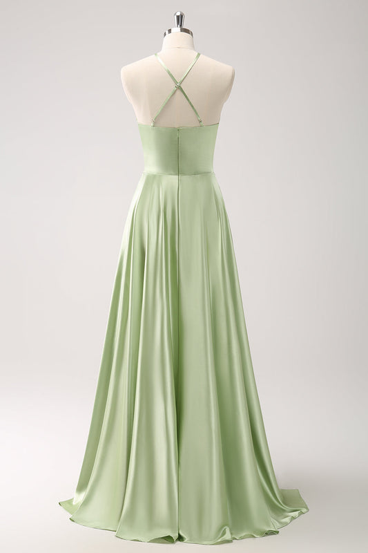 Robe de demoiselle d'honneur trapèze dos nu en satin évidée vert clair avec fleurs