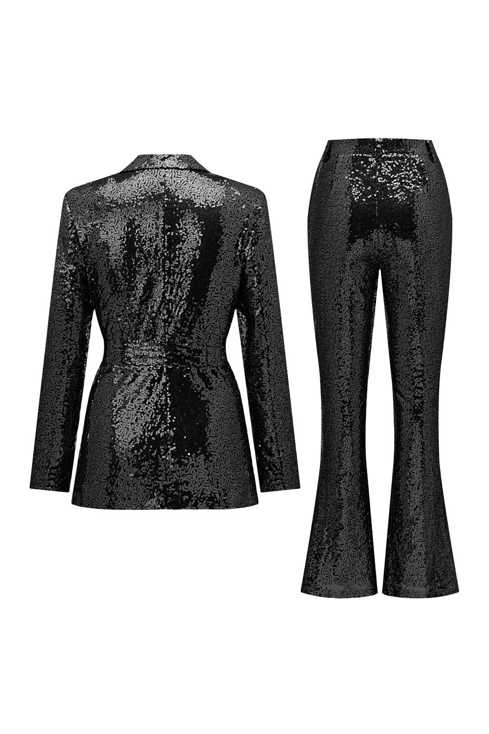 Costume femme à sequins verts étincelants avec revers crantés et ceinture
