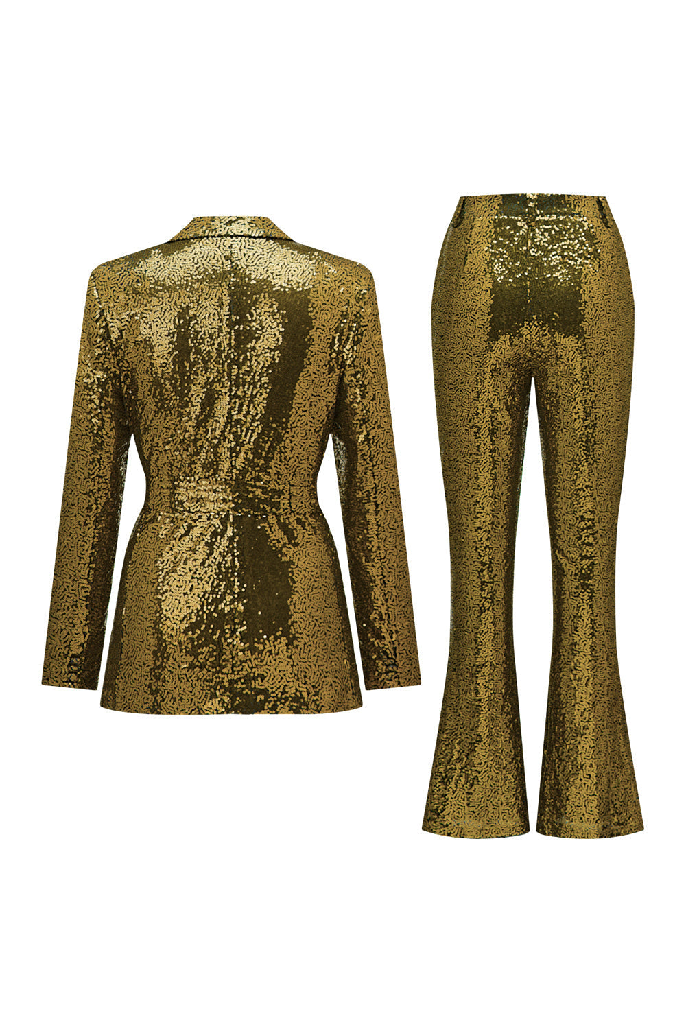 Costume femme à sequins verts étincelants avec revers crantés et ceinture