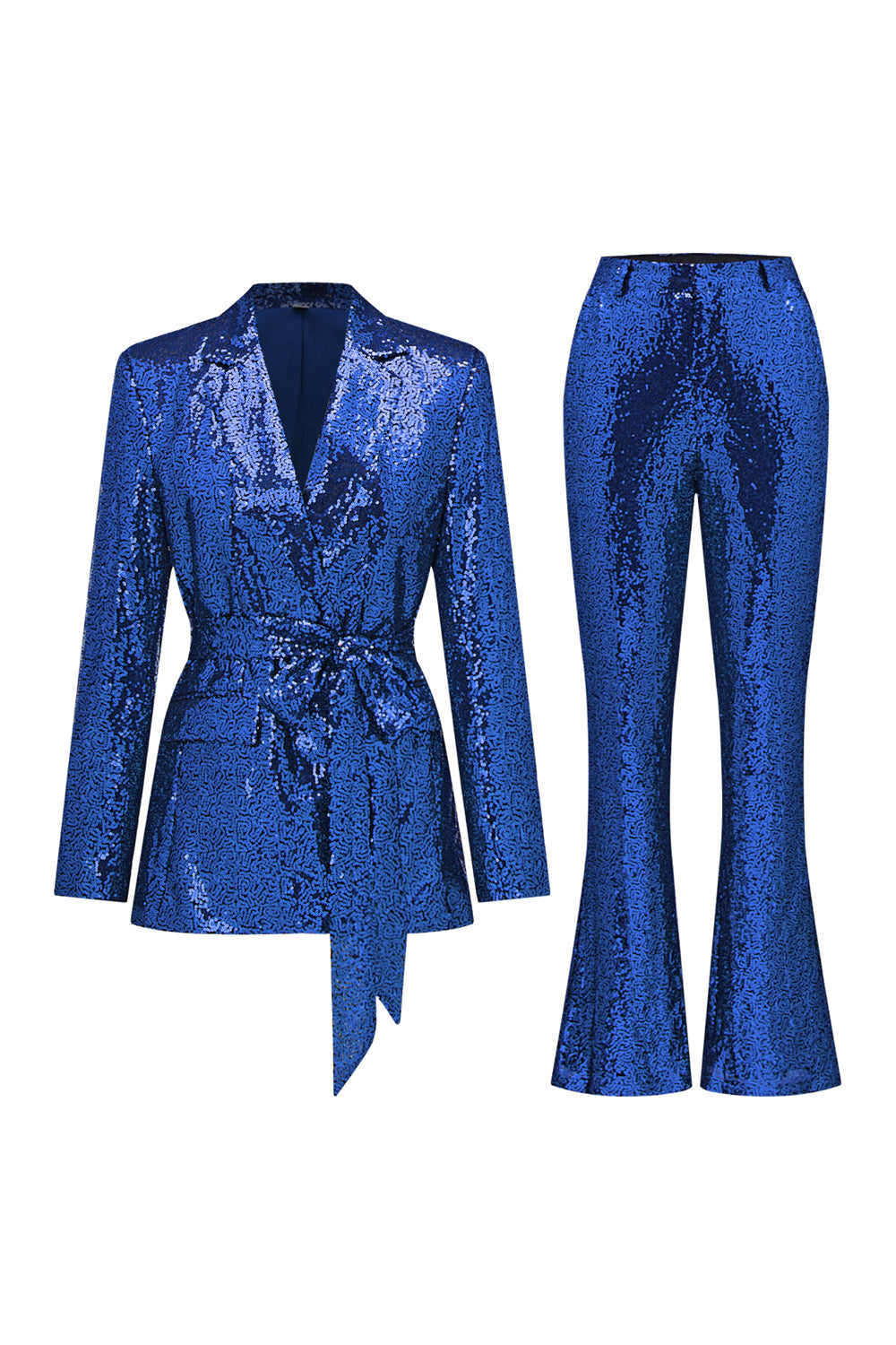 Costume femme à sequins verts étincelants avec revers crantés et ceinture