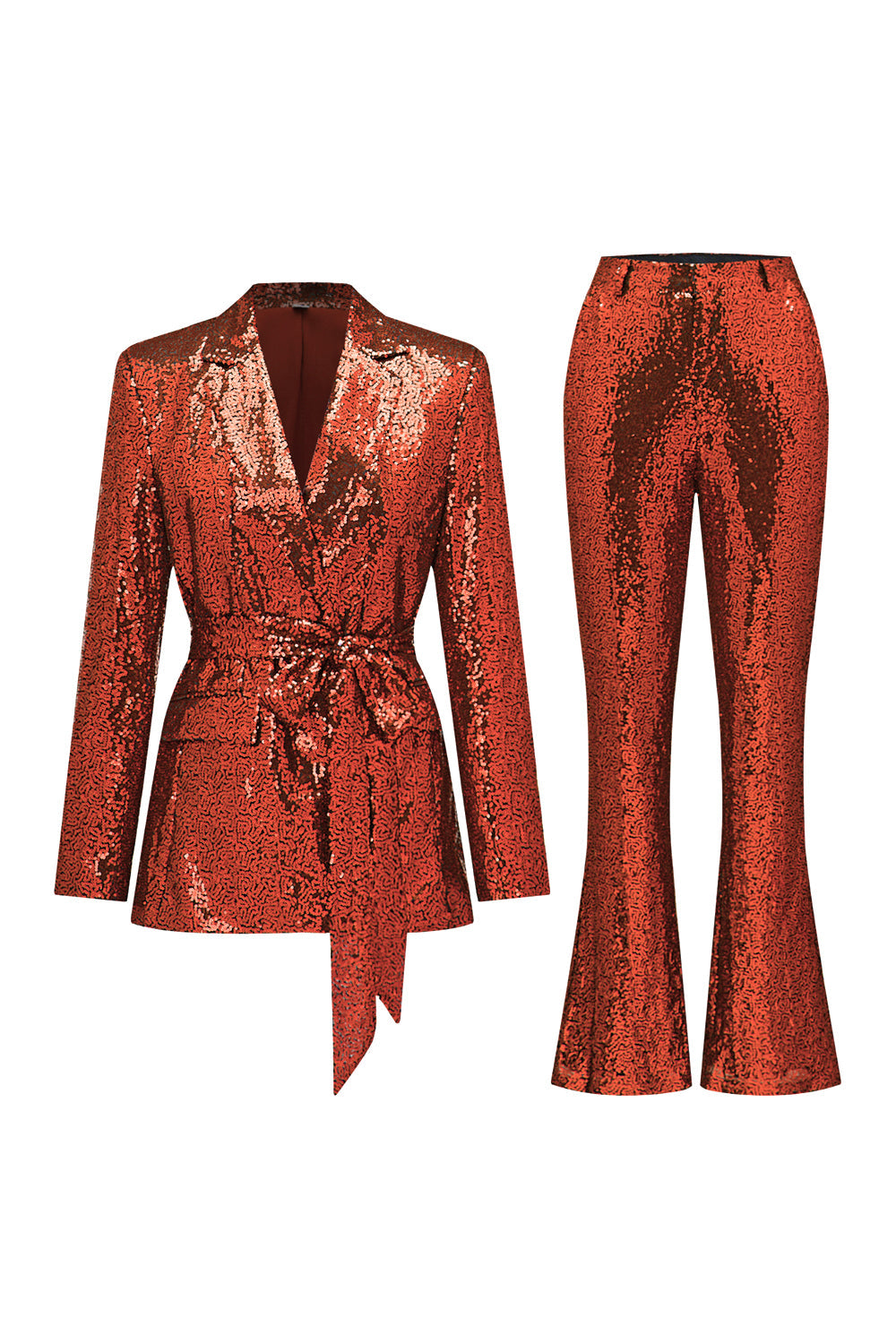 Costume femme à sequins verts étincelants avec revers crantés et ceinture