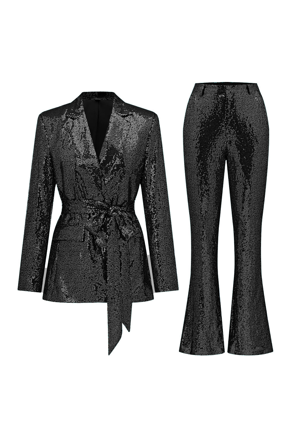 Costume femme à sequins verts étincelants avec revers crantés et ceinture