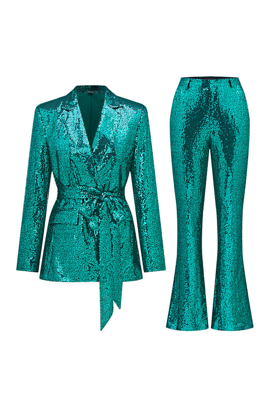 Tailleur femme à revers crantés et sequins verts scintillants avec ceinture