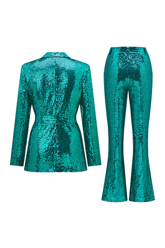 Tailleur femme à revers cranté à paillettes vertes avec ceinture
