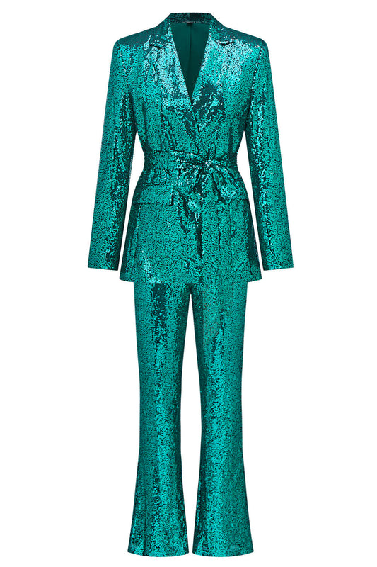 Tailleur femme à revers cranté à paillettes vertes avec ceinture