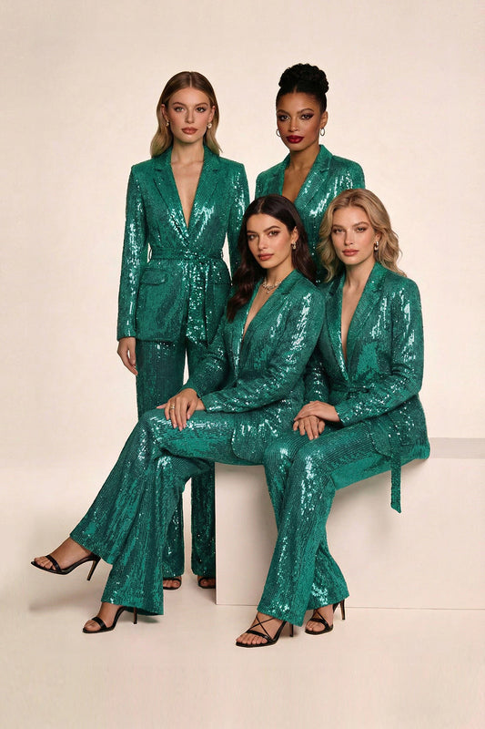 Costumes de Chœur Femme à Paillettes Vertes Brillant avec Revers Crantés et Ceinture