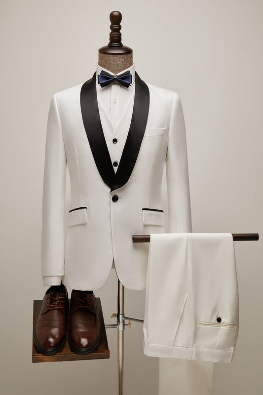 Costume 3 pièces homme à revers châle blanc