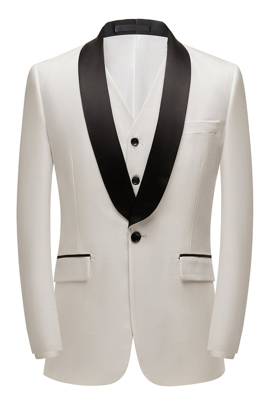Costume 3 pièces homme à revers châle blanc
