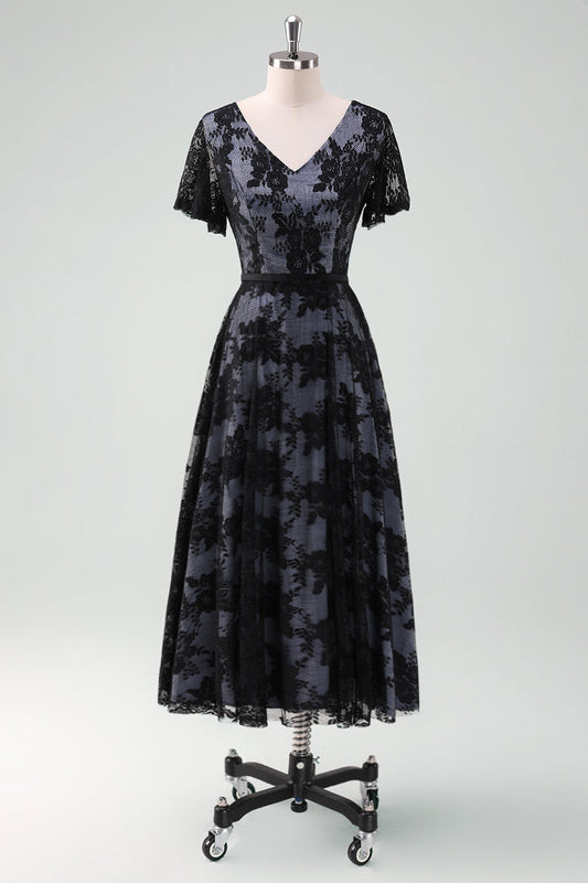 Robe noire trapèze en dentelle avec col en V, manches courtes, pour mère de la mariée