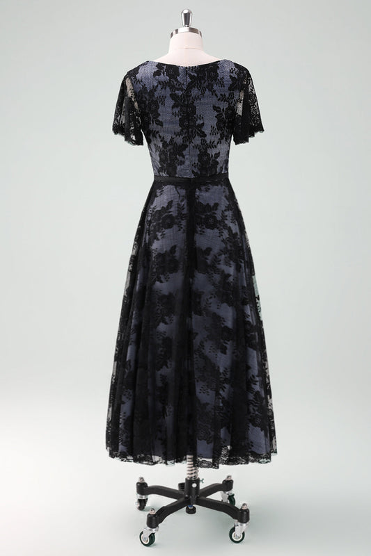 Robe noire trapèze en dentelle avec col en V, manches courtes, pour mère de la mariée