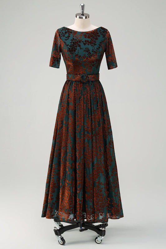 Robe de Mère de la Mariée en velours floral vert foncé avec ceinture