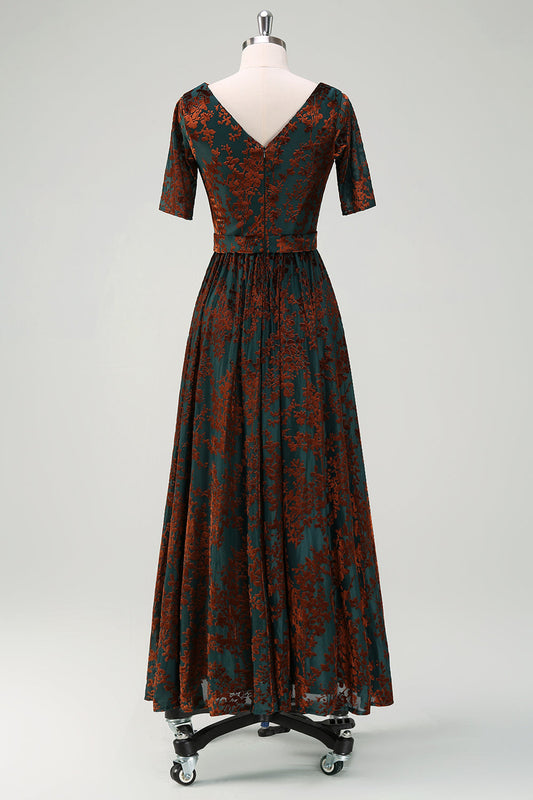 Robe de Mère de la Mariée en velours floral vert foncé avec ceinture