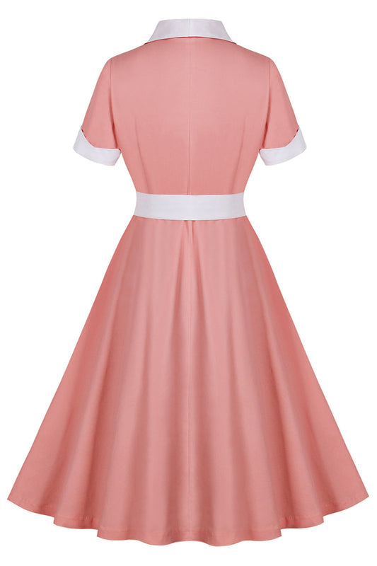 Robe trapèze vintage années 50 col revers rose poudré