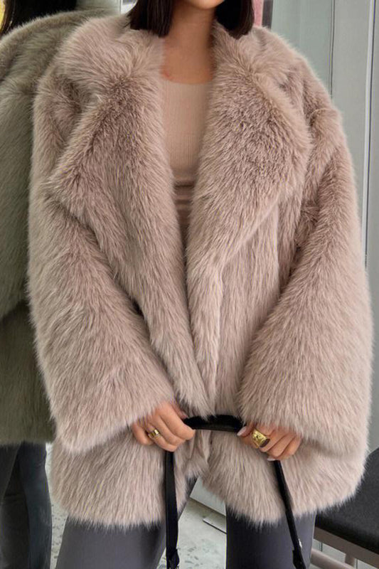 Manteau en fausse fourrure hirsute mi-long marron grisâtre à revers crantés