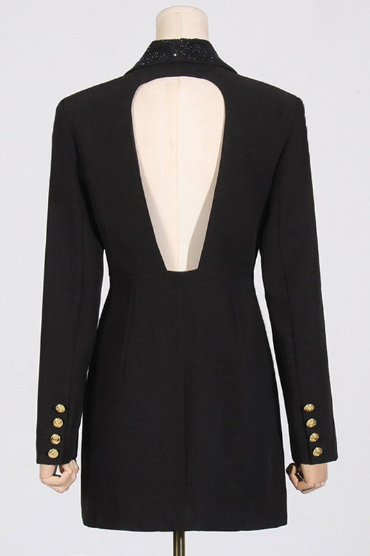 Blazer femme scintillant noir à revers châle, dos nu et perles