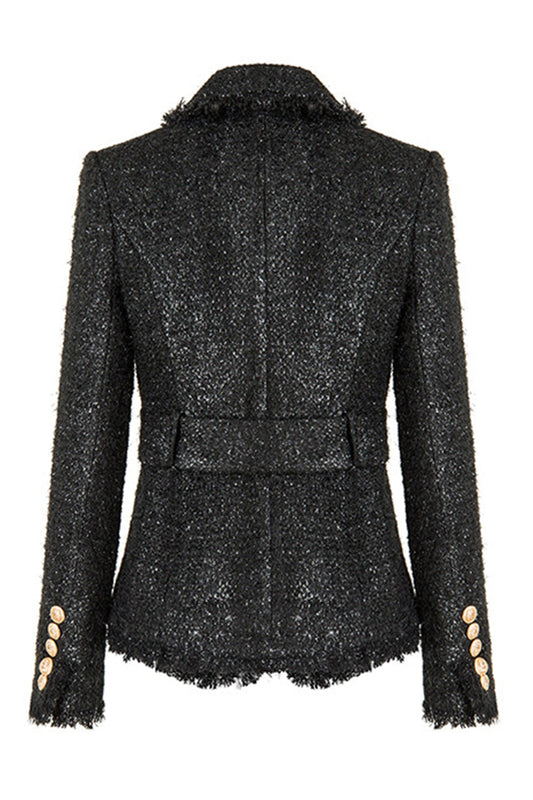 Veste femme en tweed noir à revers crantés avec ceinture