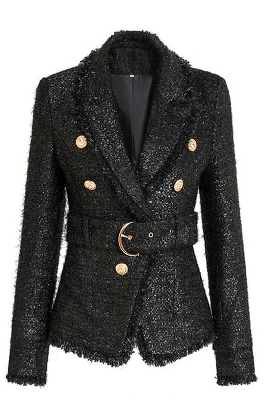 Veste femme en tweed noir à revers crantés avec ceinture