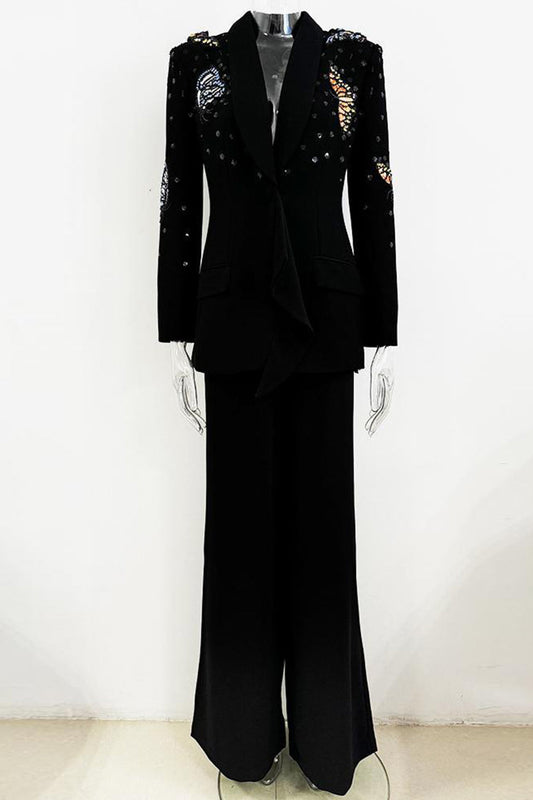 Costume deux pièces pour femme à revers châle noir avec papillons