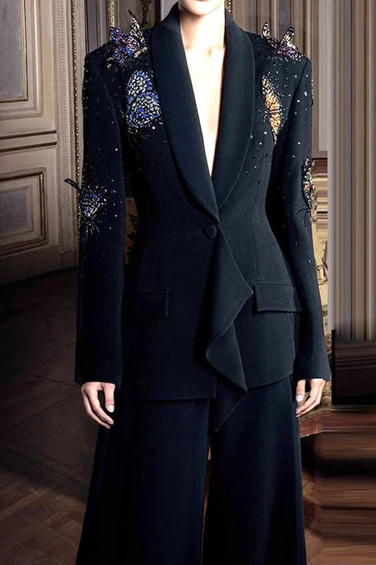 Costume deux pièces pour femme à revers châle noir avec papillons