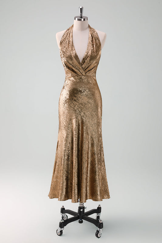 Robe midi dorée sirène à col bénitier pour invitée de mariage