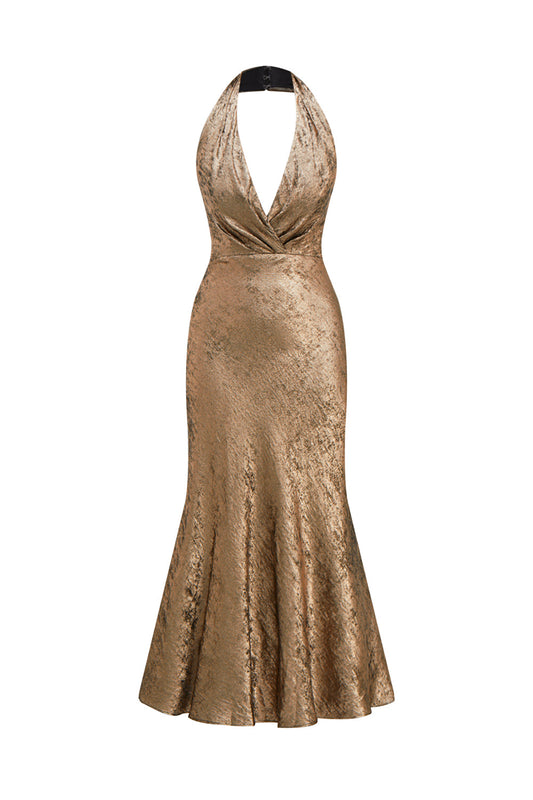 Robe de cocktail mi-longue sirène en satin dorée à encolure dos nu