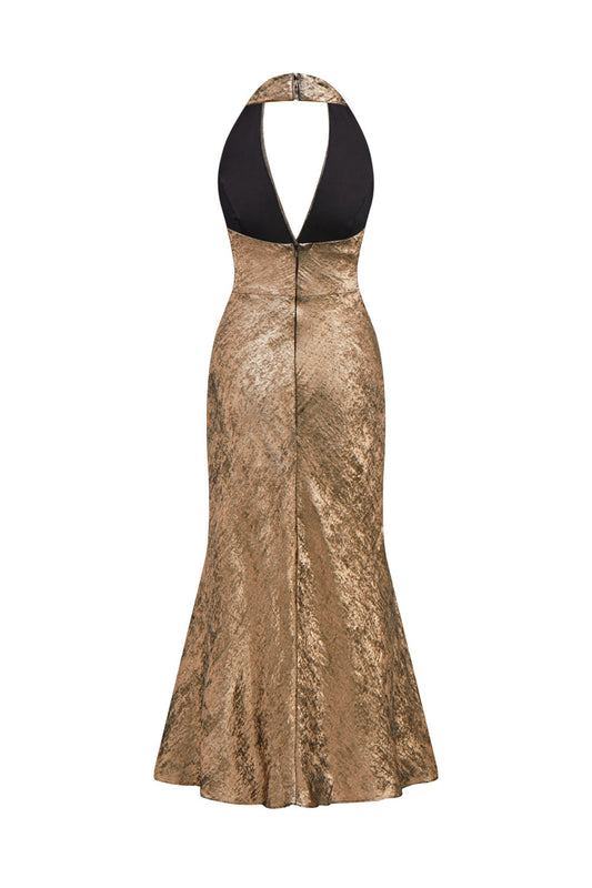Robe de cocktail mi-longue sirène en satin dorée à encolure dos nu