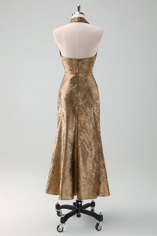 Robe midi dorée sirène à col bénitier pour invitée de mariage