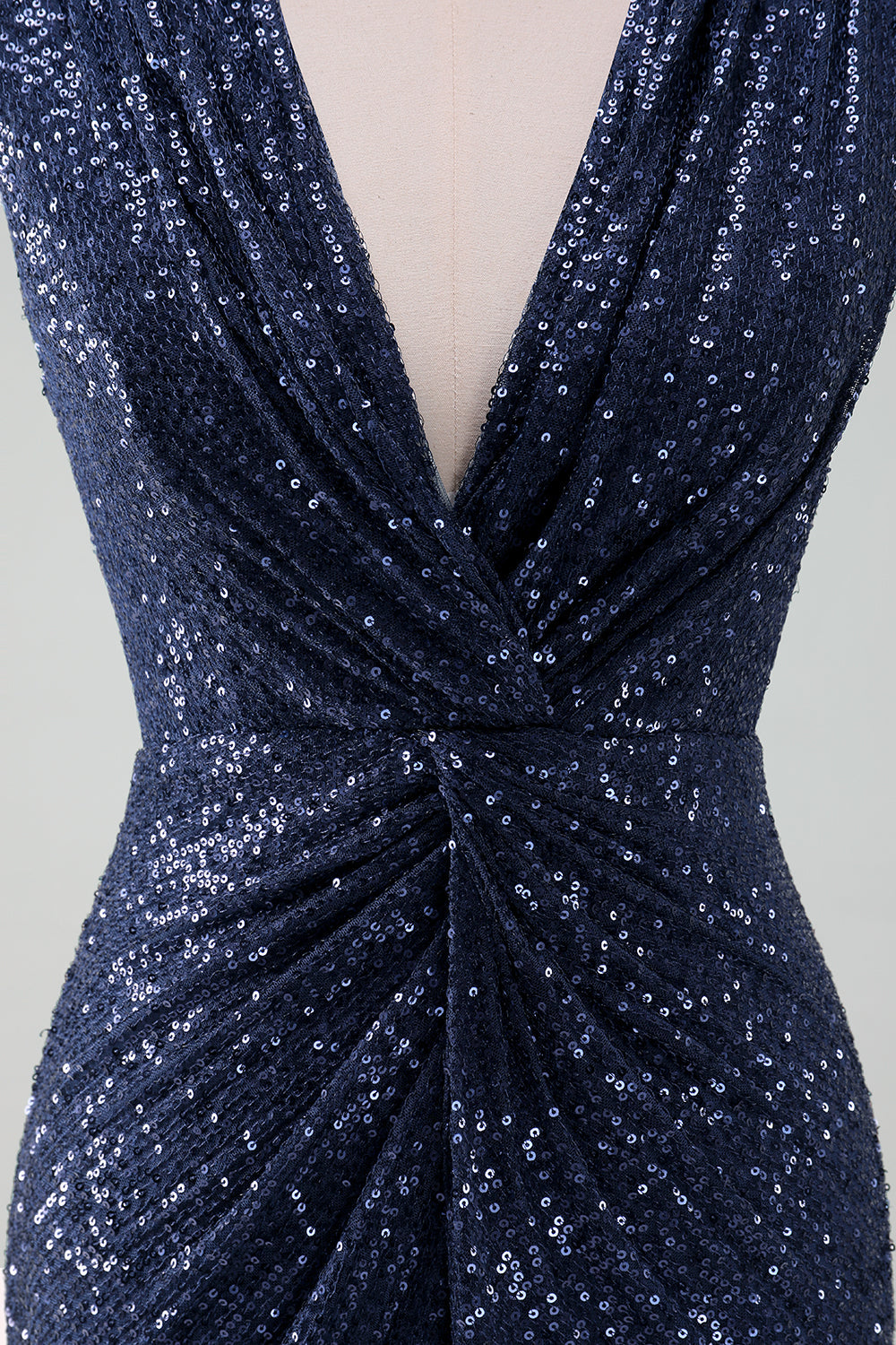 Sparkly Navy Sheath Sequins Ruched Choir Dress with Slit
