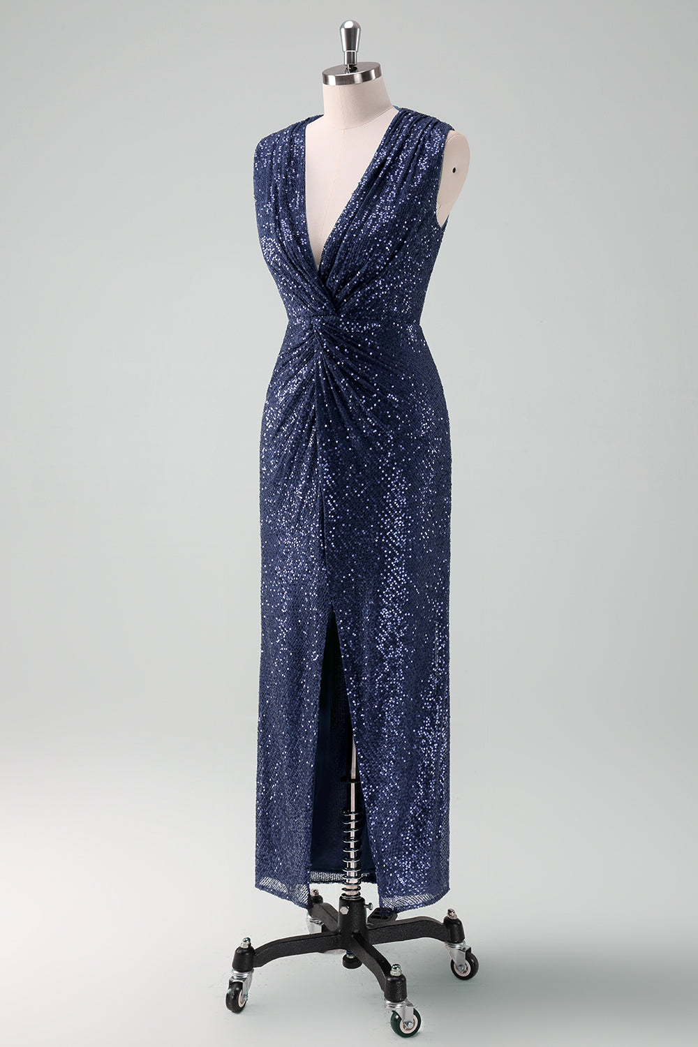 Sparkly Navy Sheath Sequins Ruched Choir Dress with Slit