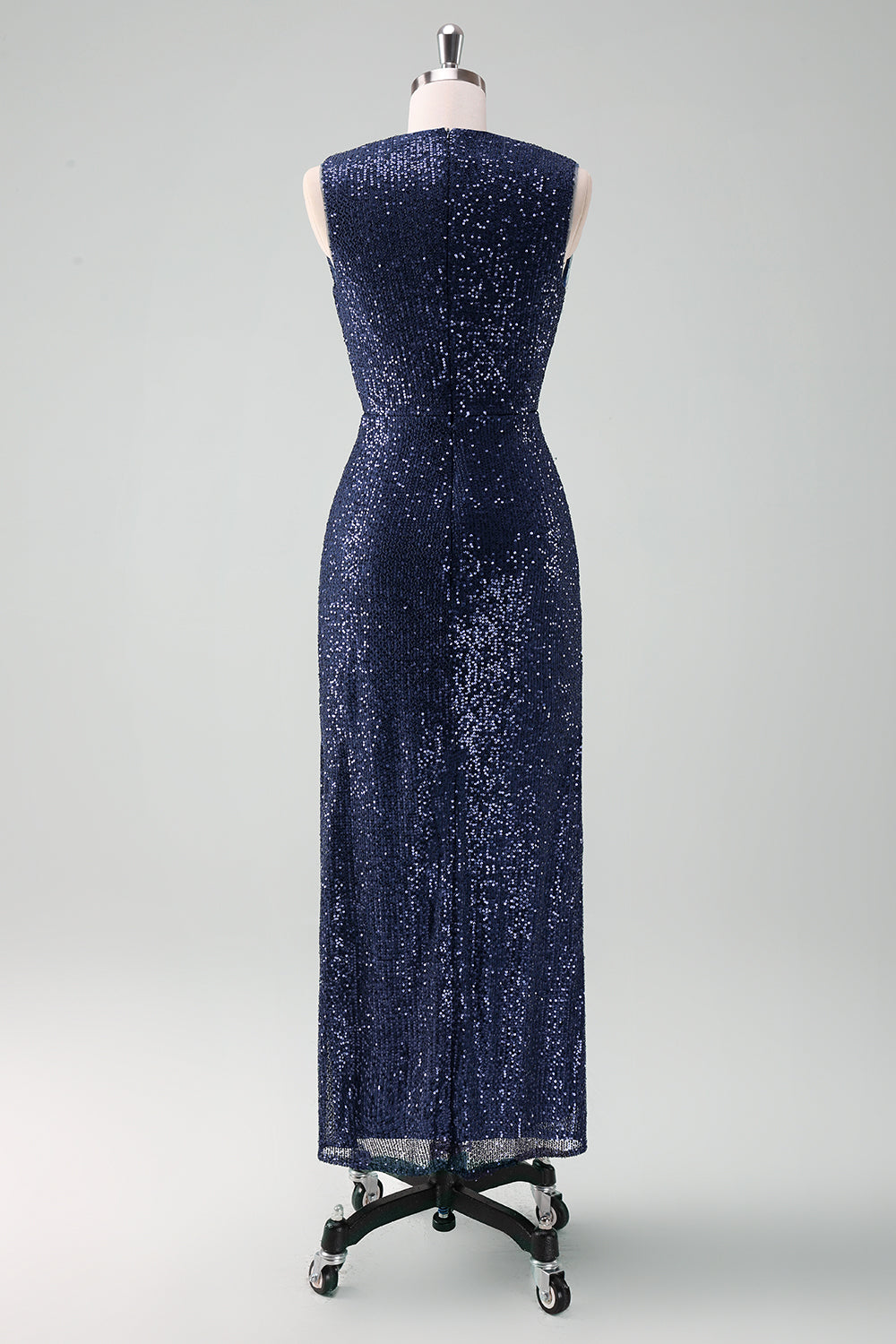 Sparkly Navy Sheath Sequins Ruched Choir Dress with Slit