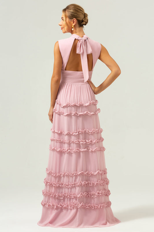 Robe longue de demoiselle d'honneur évasée en mousseline volantée vieux rose à dos ouvert
